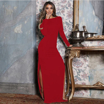 Robe longue unie à manches longues avec fente élégante - LYXIUS