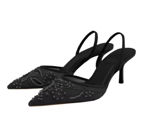 Talons hauts stiletto, bout pointu, maille florale brodée et perles décoratives - LYXIUS