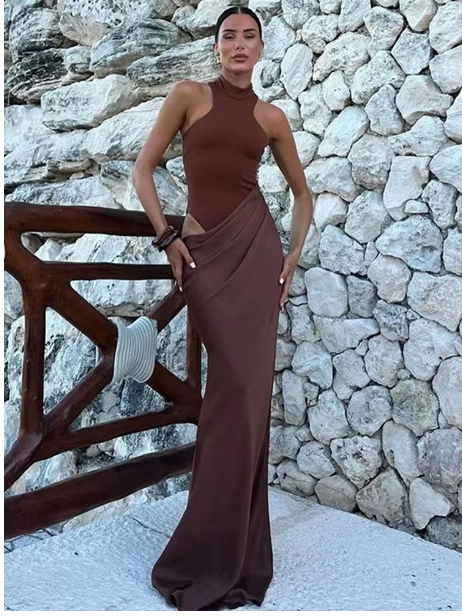Robe longue satin sexy sans manches - LYXIUS
