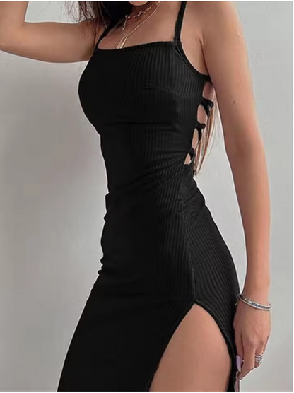 Robe longue noire moulante fendue - LYXIUS