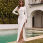 Robe longue unie à manches longues avec fente élégante - LYXIUS