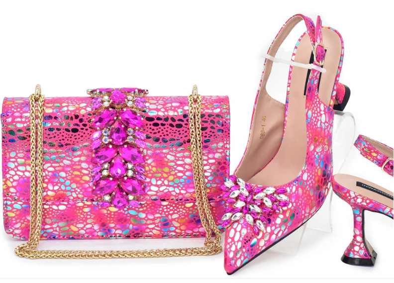 Ensemble Chaussures & Sac Femme, Escarpins en Cristal avec Strass et Nœud Papillon - LYXIUS