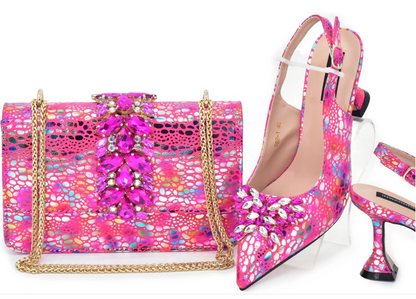 Ensemble Chaussures & Sac Femme, Escarpins en Cristal avec Strass et Nœud Papillon - LYXIUS